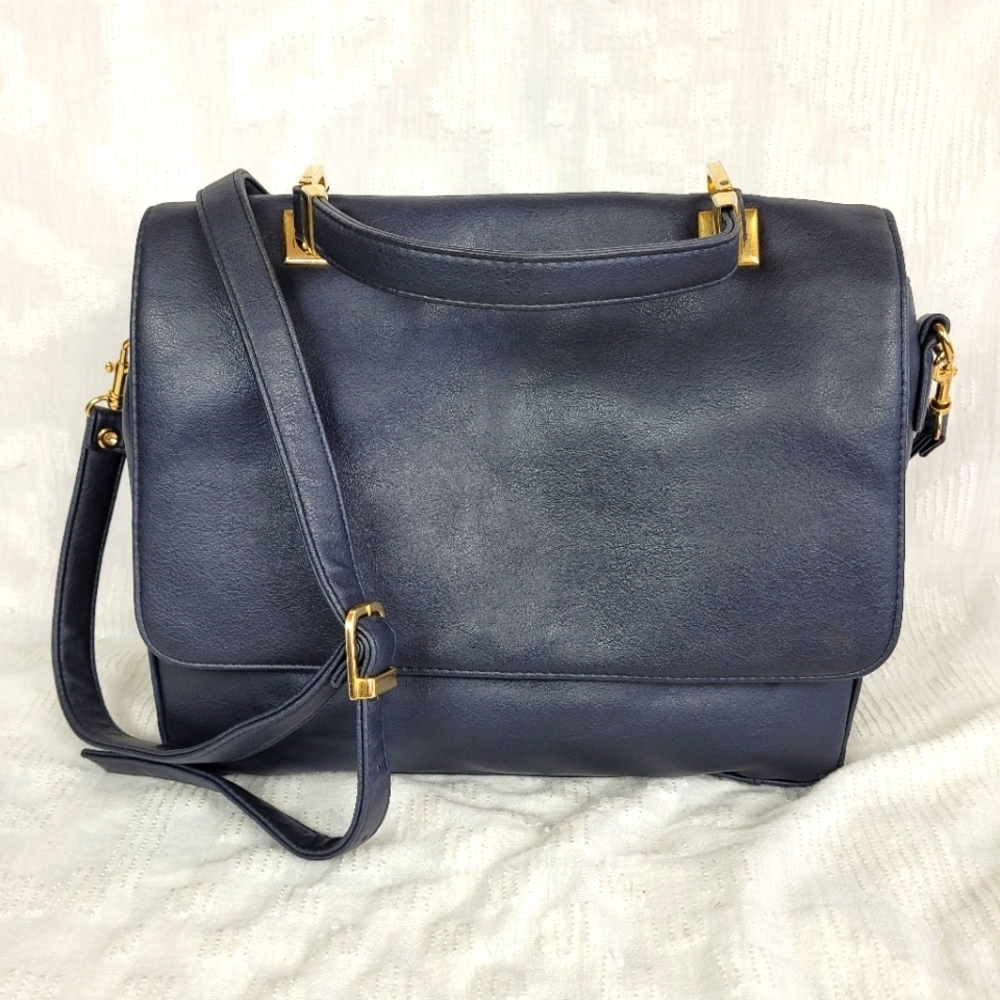 Navy blue shoulder bag long strap short handle satchel gold accents grandma chic